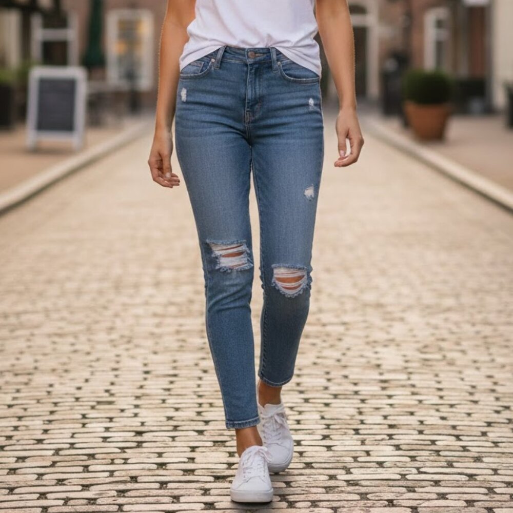 Paige Women Skyline Ankle Peg Brynlee Destructed Mid Blue Jeans, Size 26